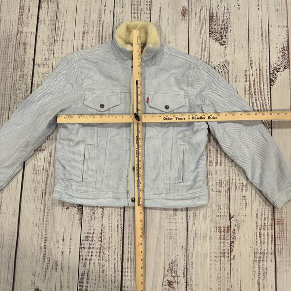 Levi’s Ex-Boyfriend Sherpa Trucker Jacket L Blue Stripe Corduroy NWT - Picture 3 of 8